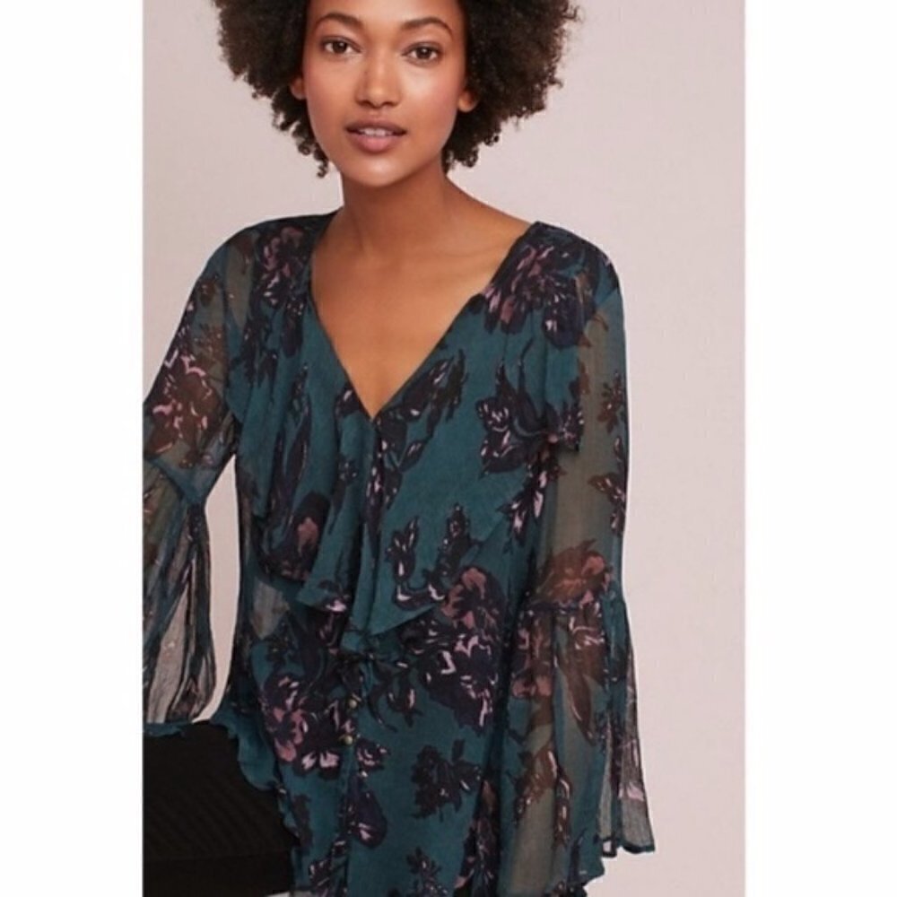 Anthropologie Feather Bone Femme Ruffle Teal Long Sleeve Blouse XS
